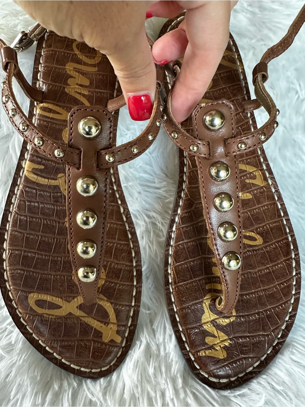 Sam Edelman Brown Studded T-Strap Sandals
